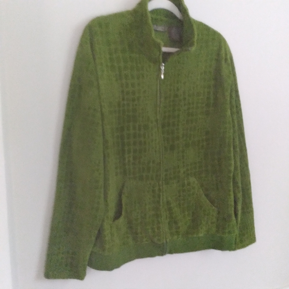 Green Velour Women's Casual Zip-Up Bomber Jacket Croco Textured‎ Detail 3X